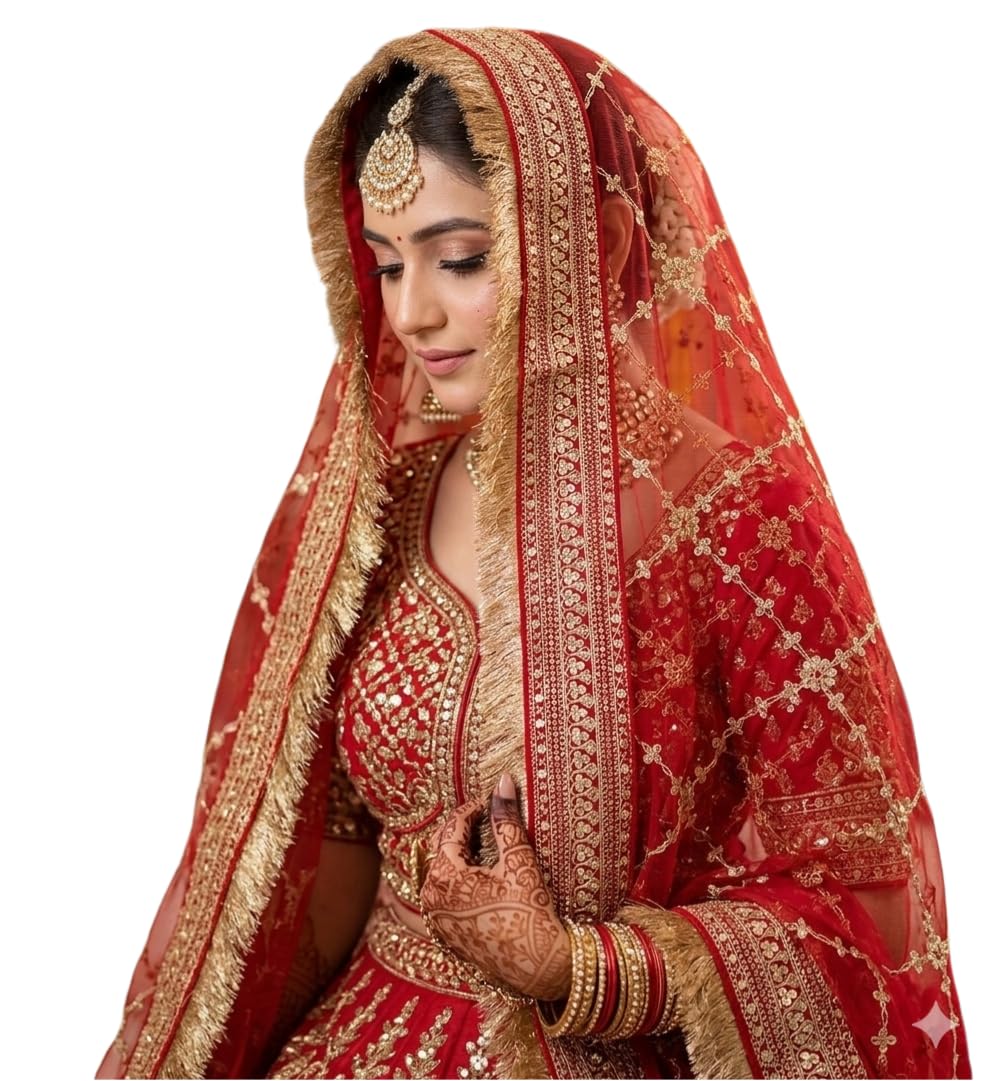 Heavy Red Net Dupatta of Katrina Kaif Marriage With Box Style Zari & Sequence Embroidery (2.25m) 4 Side Kiran Frill-image-49