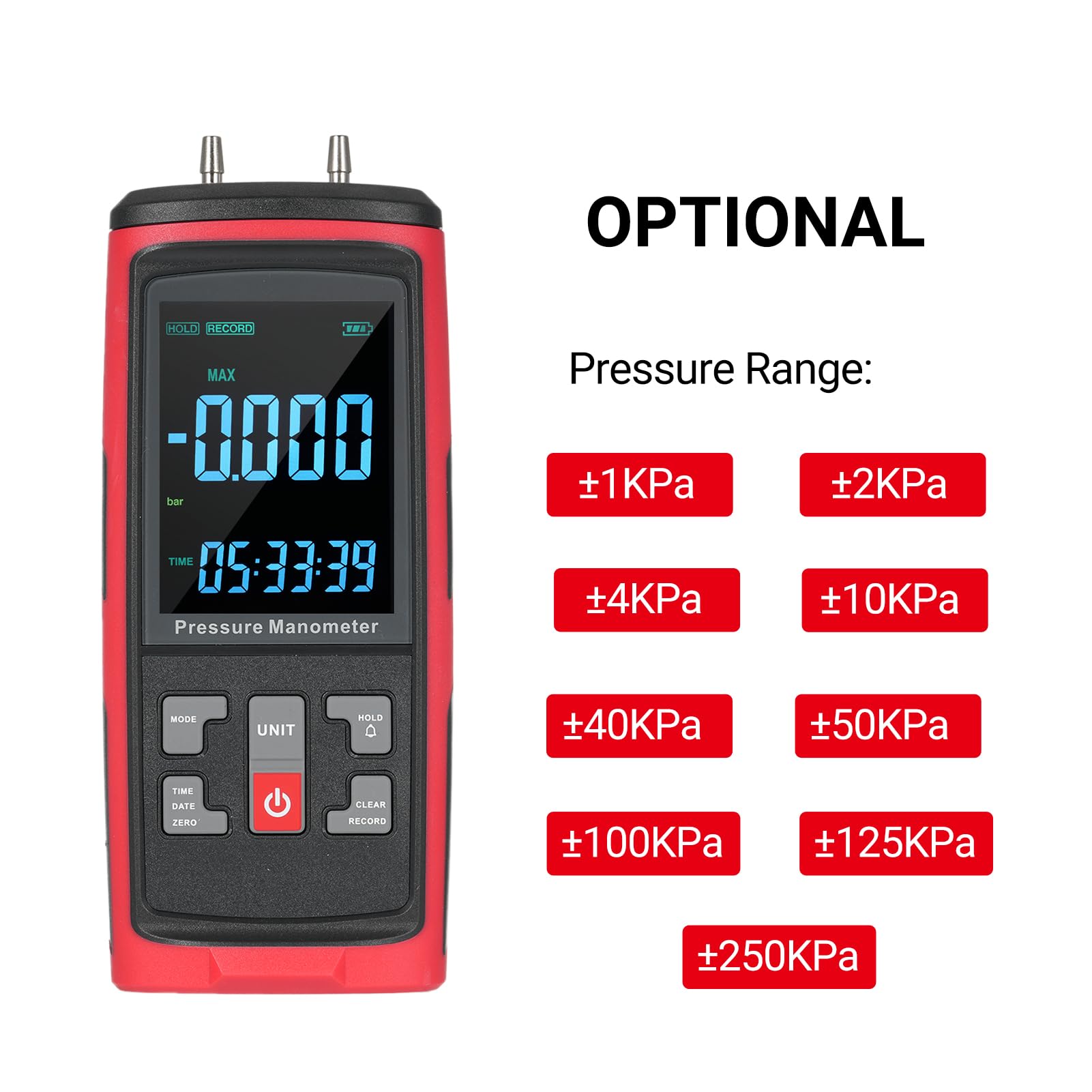 Jemora Manómetro digital GT5101, manómetro de doble puerto, probador de presión de gas, medidor de presión de aire profesional de mano, manómetro diferencial de 13 unidades seleccionables, con pantall