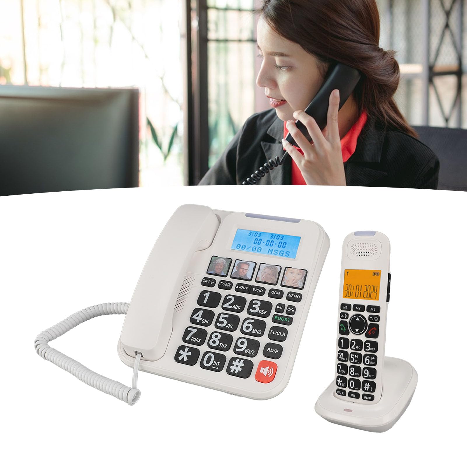 Telefono Cordless per Anziani con Filo, Segreteria Telefonica, Blocco Chiamate, Selezione Fotografica, Suoneria Forte, Chiamata in Vivavoce, Chiamata a 3 Vie, Guida (Spina europea)