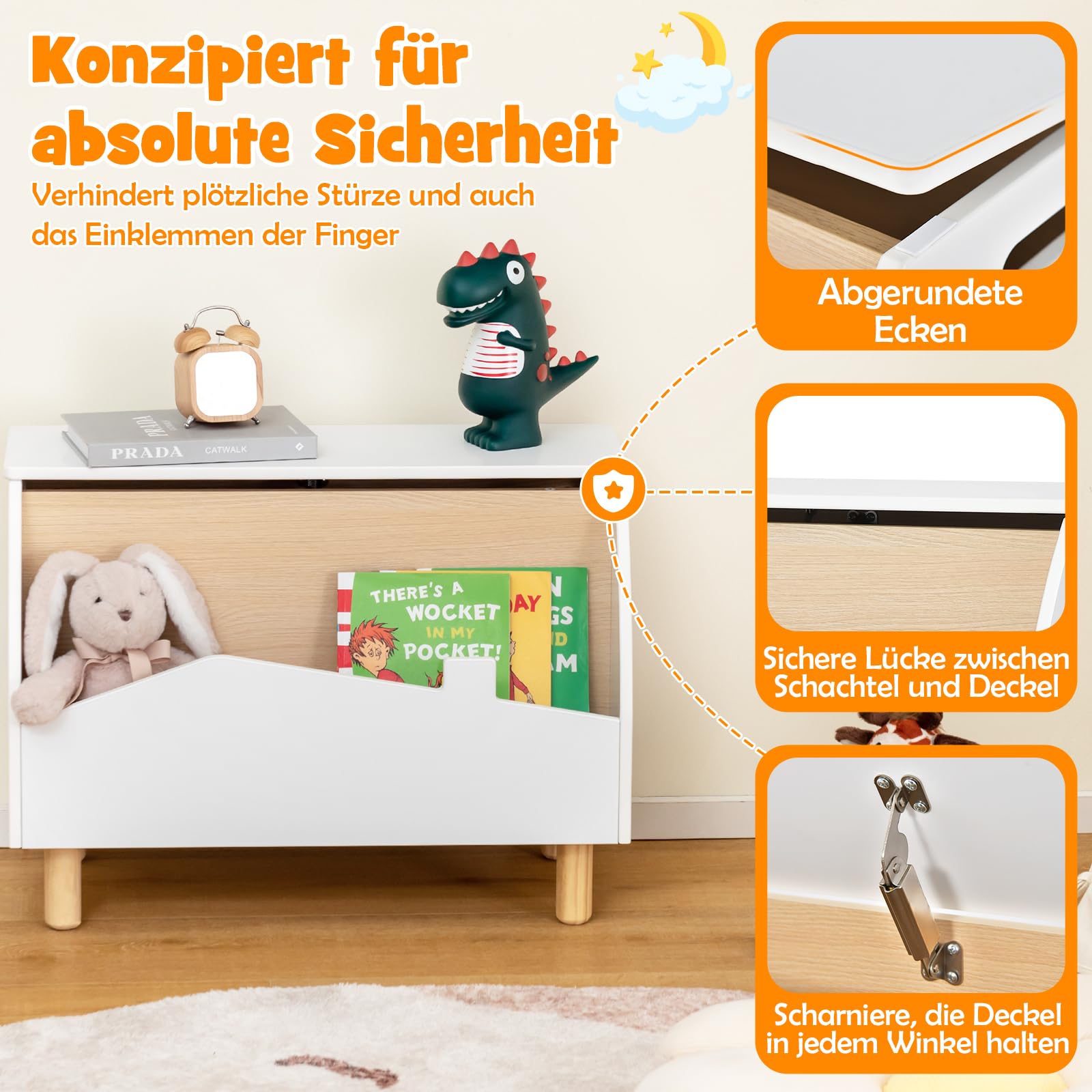 DREAMADE Kinderregal mit offener Ablage und Kiste, Spielzeug-Organizer mit Massivholzbeine, Spielzeugkiste mit Deckel für Bücher und Spielzeug, für Kinderzimmer & Kindergarten 60x30x44 cm (Weiß)