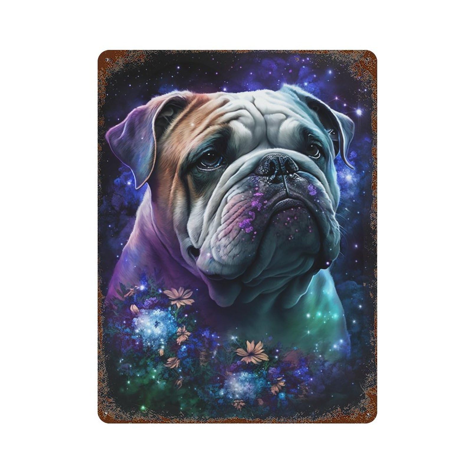 Galactic Bulldog with Flowers -4 Distressed Metal Wall Sign 15.7"x11.8", Rustic Home Decor for Living Room, Hallway And Home Decor