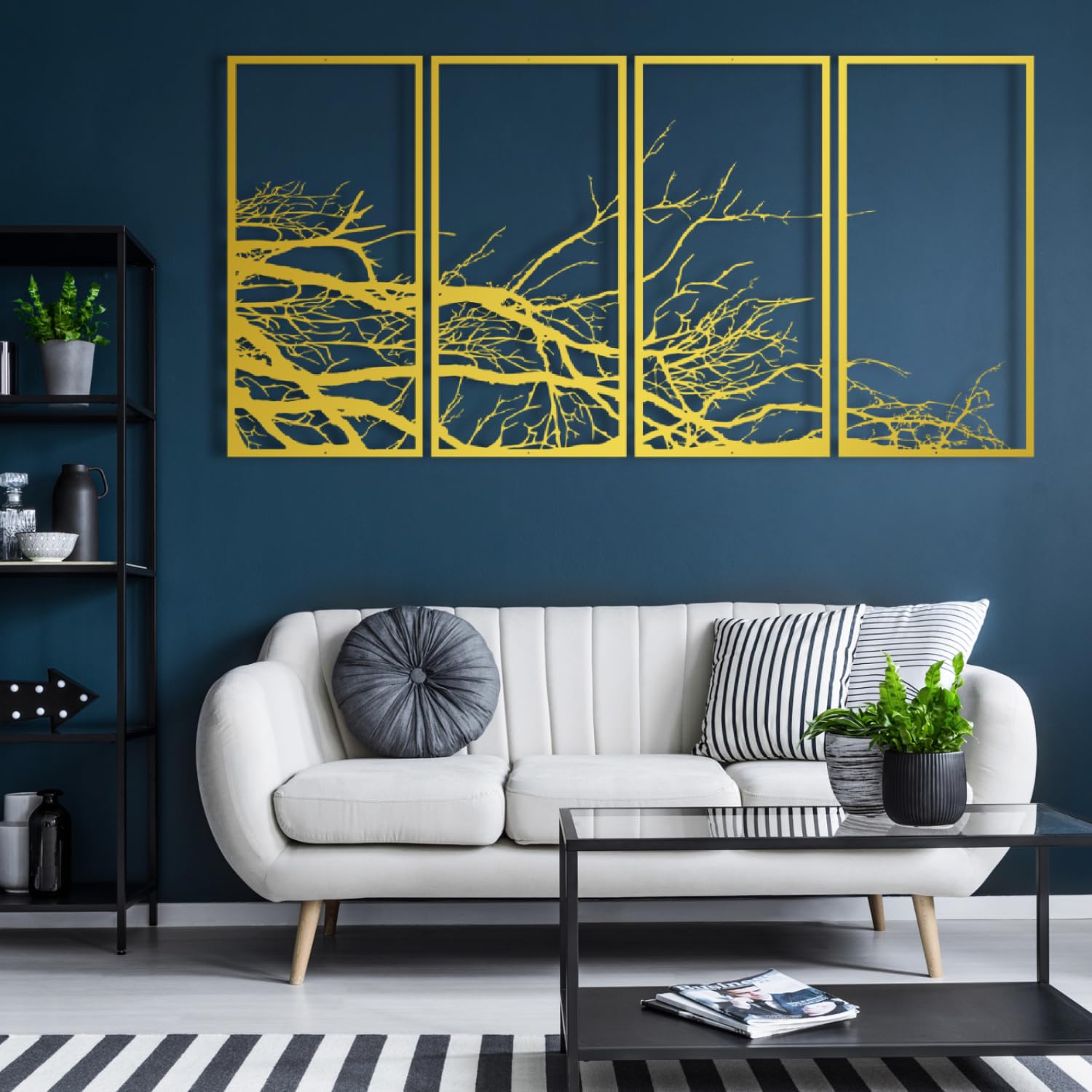 Decoración de Pared de Metal, árbol de la Vida, árbol genealógico, 4 Paneles, árbol Grande, decoración para el hogar, Sala de Estar (Plateado, 40" x 20" | 100 x 50 cm)