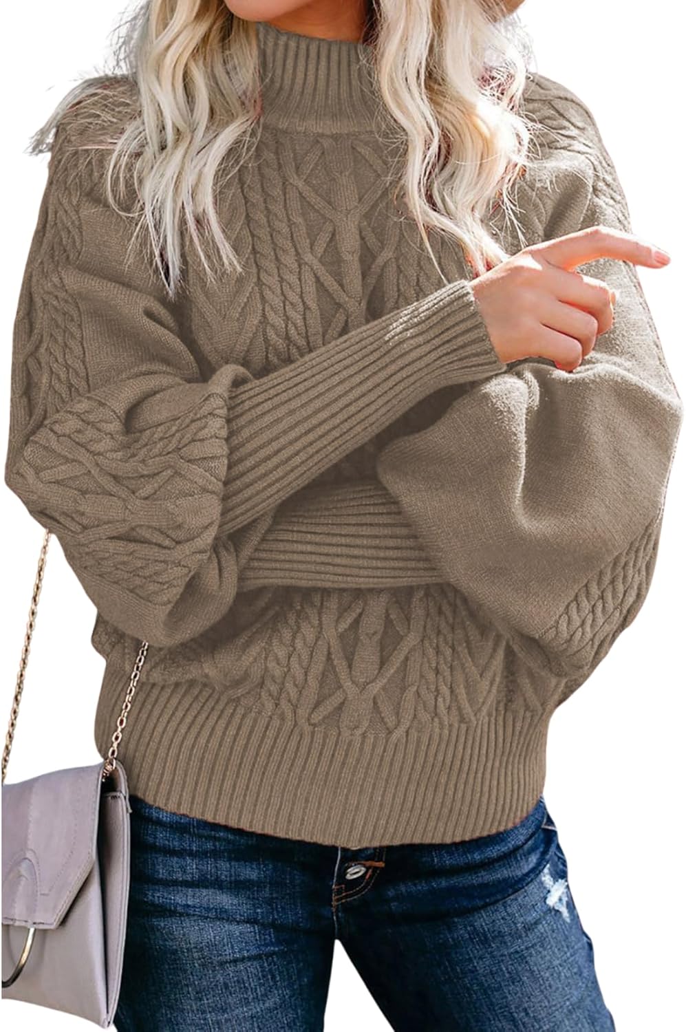 Women's Chunky Cable Knit Turtleneck Sweater Winter Pullover with Puff Sleeves Solid Color Loose Fit Top - Image 2