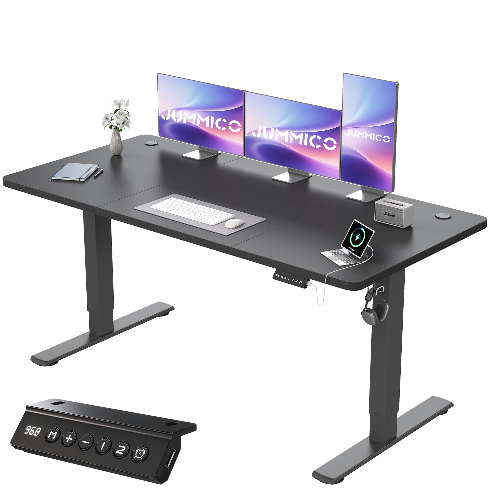 JUMMICO 160x70cm Electric Standing Desk with USB Charging Height Adjustable Desk with Sedentary Reminder Stand Up Desk with Splice Board for Home Office,Black