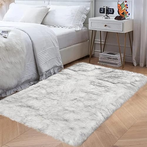 Miniatura 2 de Goolela Alfombra peluda de 3 x 5 pies, con puntas blancas y grises, alfombra de pelo sintético para decoración de oficina, dormitorio, habitación,