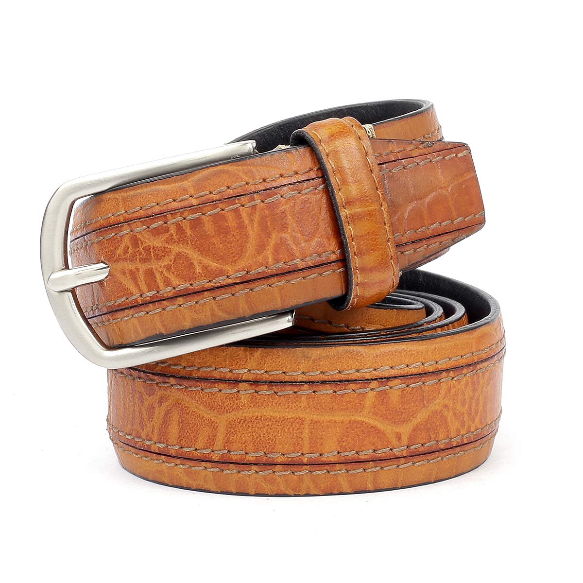 Smooth Grain Leather with Croco Embossed Center Detail Mens Adjustable Belt, Polished Nickel Buckle-image-32