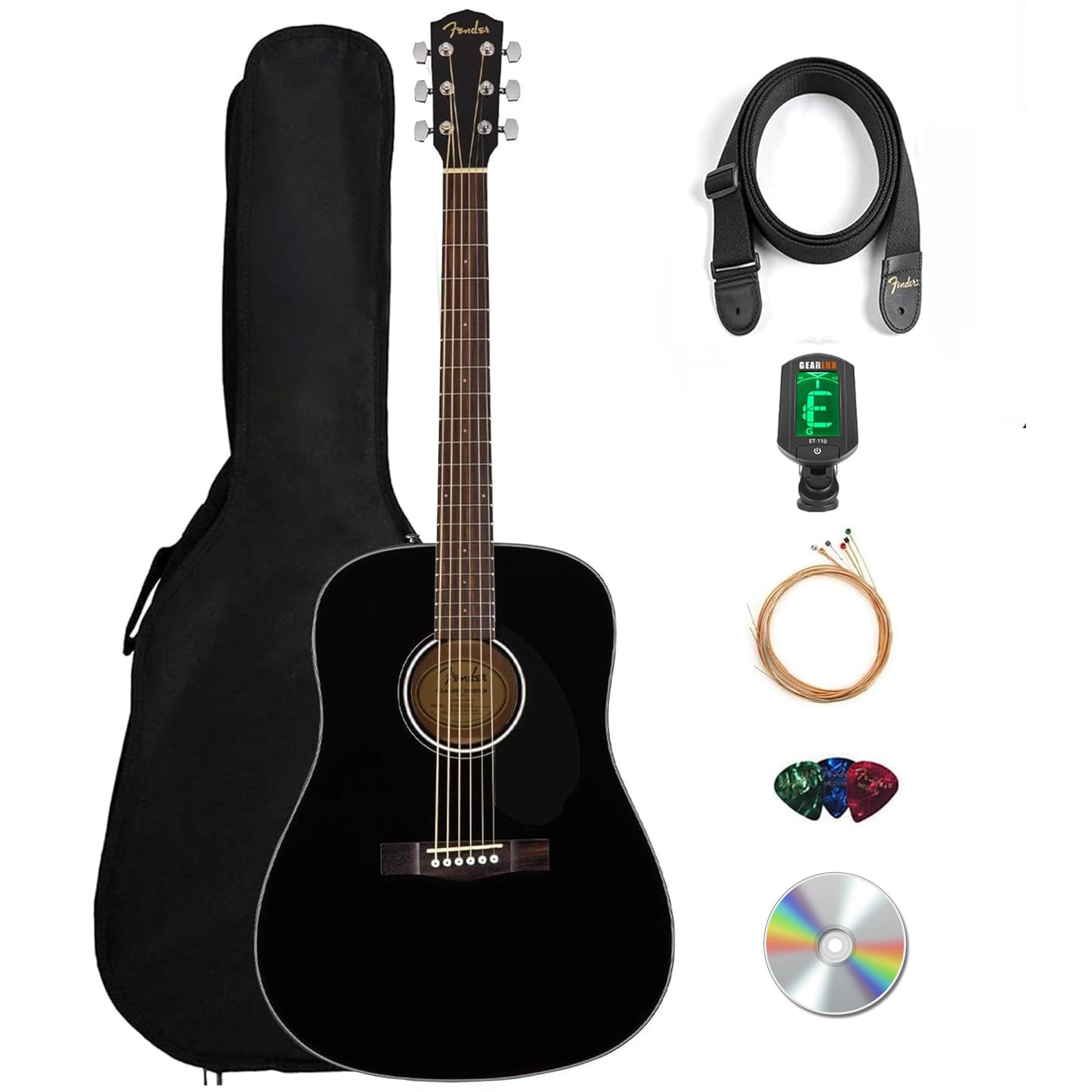 CD-60S Solid Top Dreadnought Acoustic Guitar - Black Bundle with Gig Bag, Tuner, Strap, Strings, Picks, and Austin Bazaar Instructional DVD
