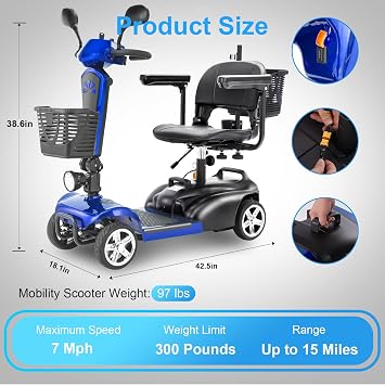 Mobility Scooter for Adults, 15/25/30/50 Miles Long Range, Foldable Electric Scooter for Seniors, Compact Heavy Duty Mobile for Travel, 300Lbs All Terrain, Rotating Wide Seat, Dual Baskets