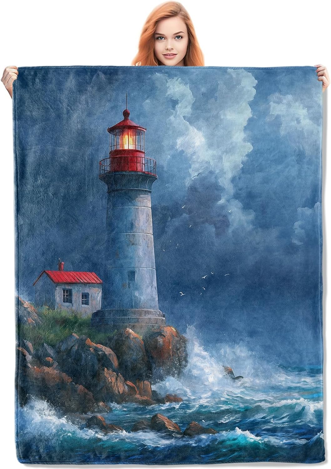 Stormy Lighthouse Blanket Gifts for Women, Lighthouse Flannel Blanket, Soft Warm Lightweight Throw Blankets for Bed Couch Home Travel Decor 50" x 60"
