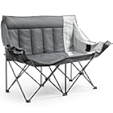 Double Camping Chair, Oversized Folding Loveseat with Padded Seat, 660lbs Heavy Duty Portable Lawn Chair with Cup Holders, Glass Holders & Back Storage for Adults, Camping, Beach, Picnic - Gray