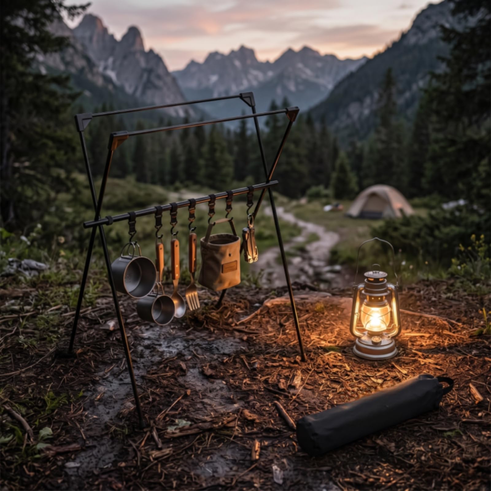 Amagogo Outdoor Lagerregal Camping Hängeregal Aufbewahrungsständer Organizer Hakenleiste mit Robustem Dreiecksrahmen aus Metallverbund Tragbar mit Tragetasche für Zeltlager Festival Garten