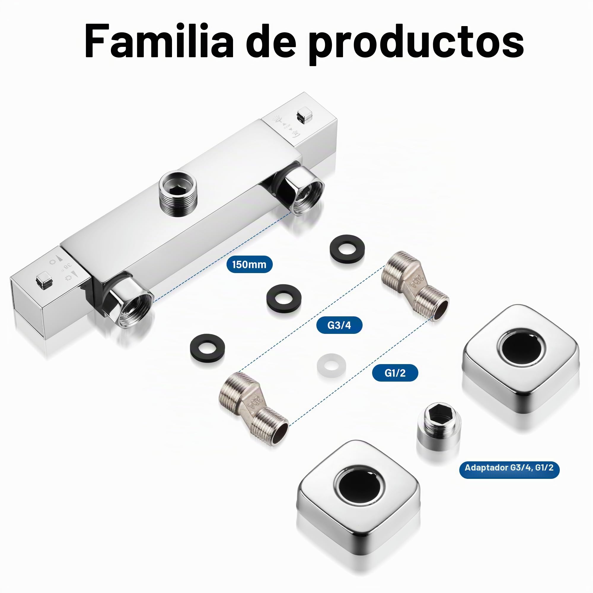 Grifo Termostático Ducha STANEW,Universal, 2 Salidas, Grifo de Ducha, Mezclador Termostático Para Ducha, Latón, Cromado Moderno, Alto 3/4" BSP (26,4 mm) + Bajo 1/2" BSP (21 mm)