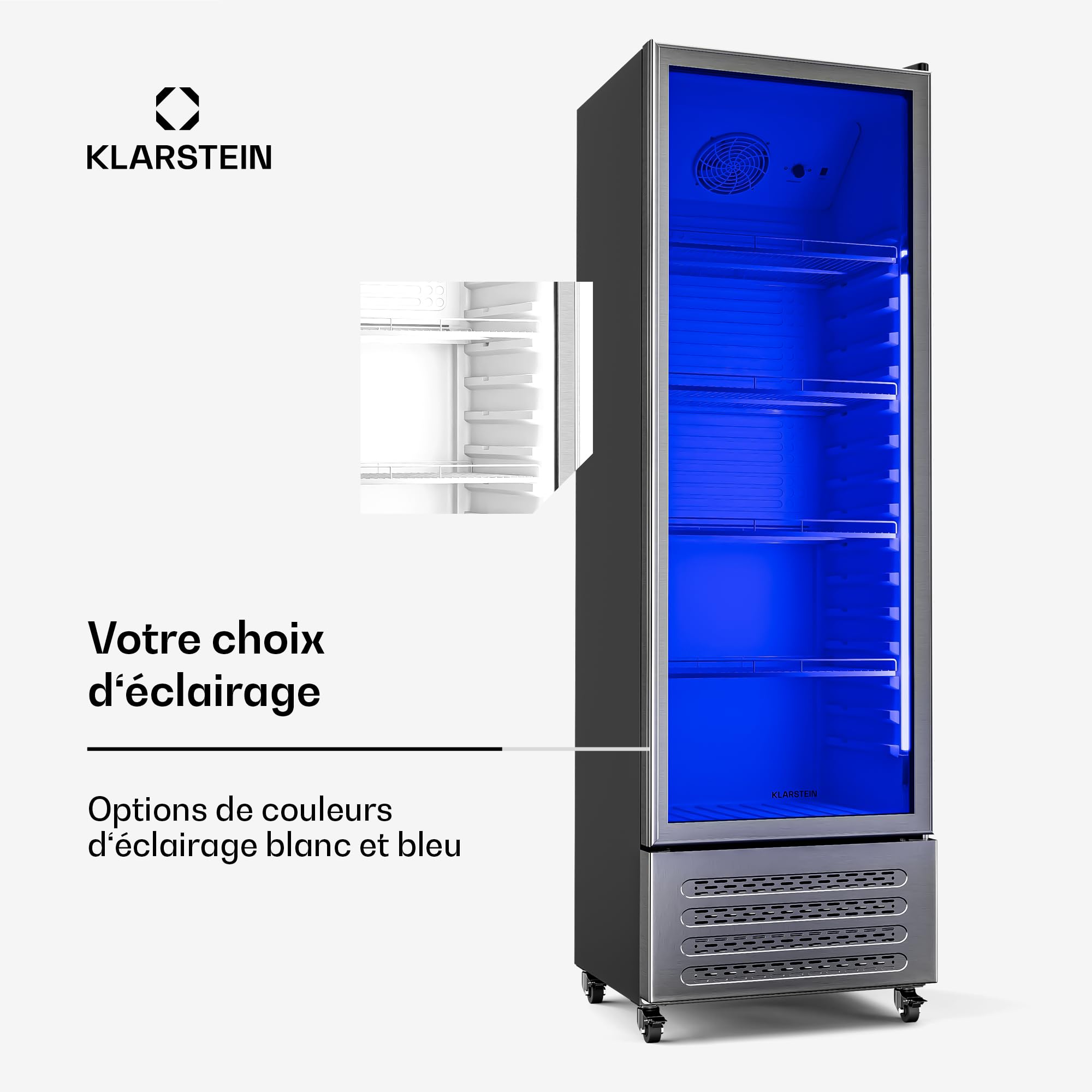 KLARSTEIN GrandCooler 306 L Réfrigérateur à Boissons - Vitrine Réfrigérée avec Porte Double Vitrage, Porte aluminium, Éclairage LED Blanc/Bleu, Thermostat 0°C à 10°C, 4 Étagères, Roues Pivotantes