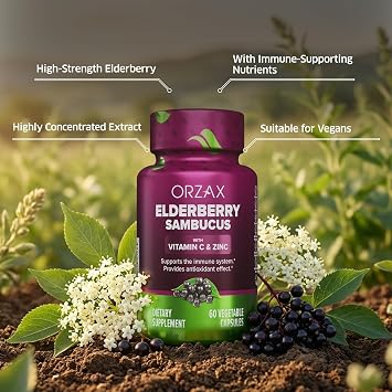 ORZAX Elderberry Capsules - Immune Support Supplement with Elderberry Vitamin C and Zinc - Antioxidants Supplement for Women and Men (60 Vegetable Capsules)