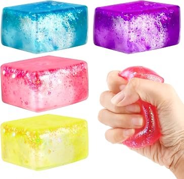 4 Pack Glitter Cube Fidget Toys, Soft Cube Sensory Squishy Fidget Toys Square Squeeze Stress Balls for Kids Adults Anxiety Stress Relief, Classroom Prizes, Birthday Gifts Party Favors