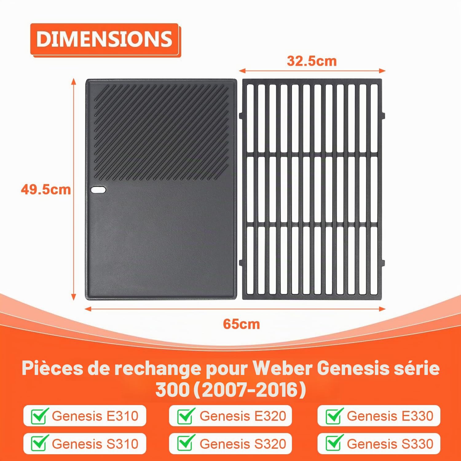 GFTIME Plaque de gril en fonte de 49,5 cm et grille de gril pour Weber Genesis E-310/320/330, S-310/320/330, EP-310/320/330, CEP-310/320/330 Barbecue à gaz (2007-2016), pièce de rechange pour Weber