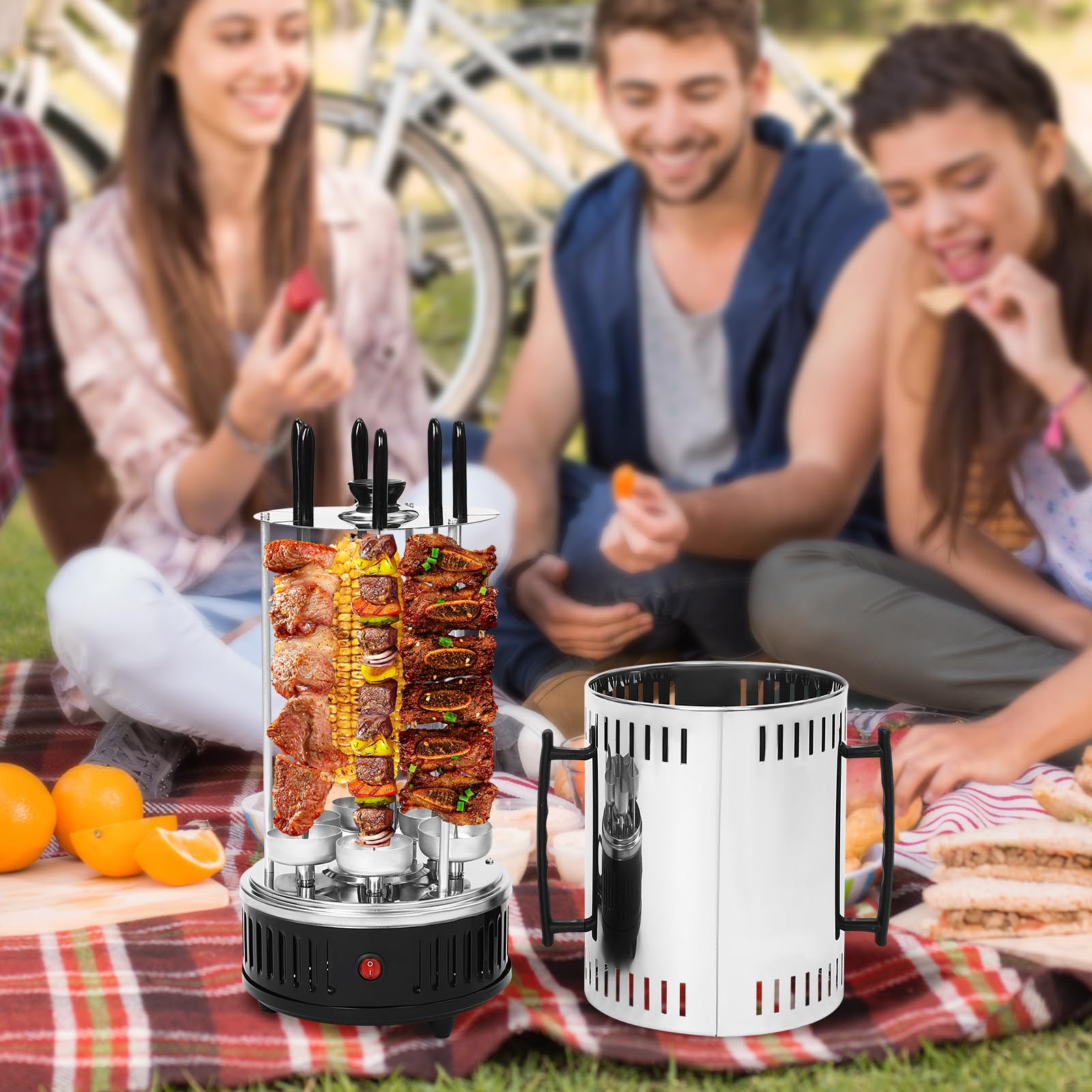 Pionowy grill elektryczny, 1000 W, pionowy grill ze stali nierdzewnej 304, elektryczna maszyna obrotowa 400-500℃, 6 szpikulców dla rodzin, grilla, restauracji, bez dymu, czarny, srebrny