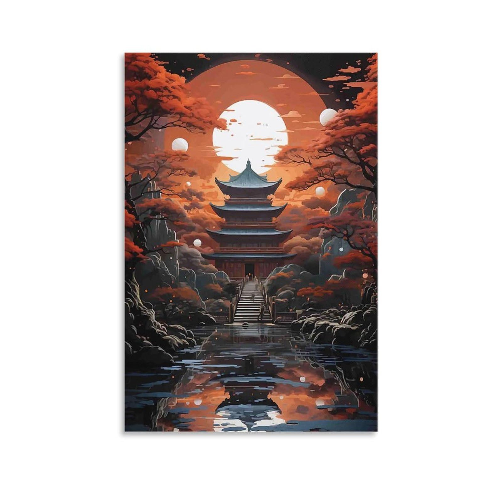 DHBANEIOK Eastern Temple Sunset Wall Decor Poster Giclee Canvas Prints Modern Wall Art Picture Wall Hanging for Dining Room Kitchen Home Office Decor 16x24inch(40x60cm)