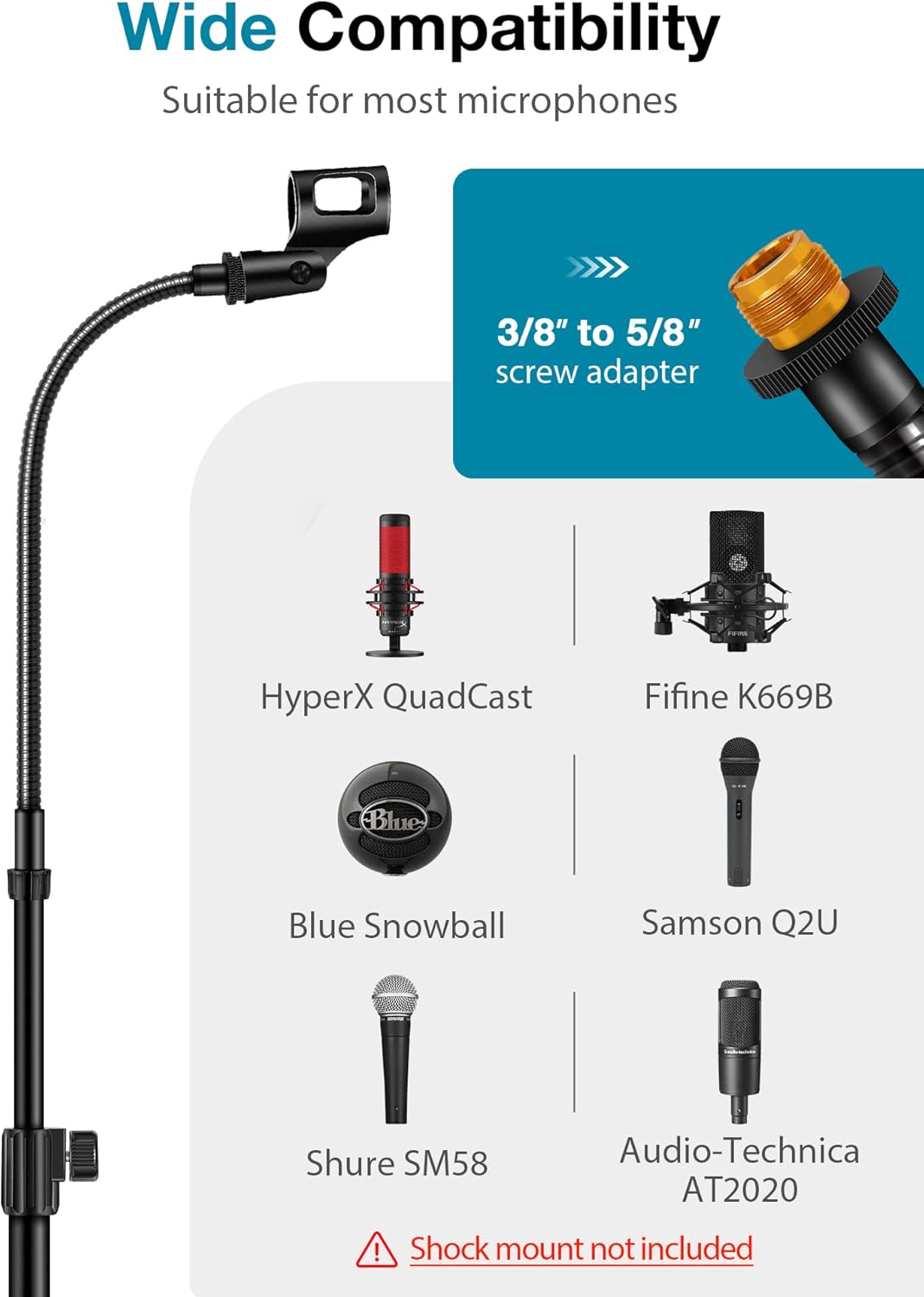 InnoGear mic stand showing compatibility with various microphones