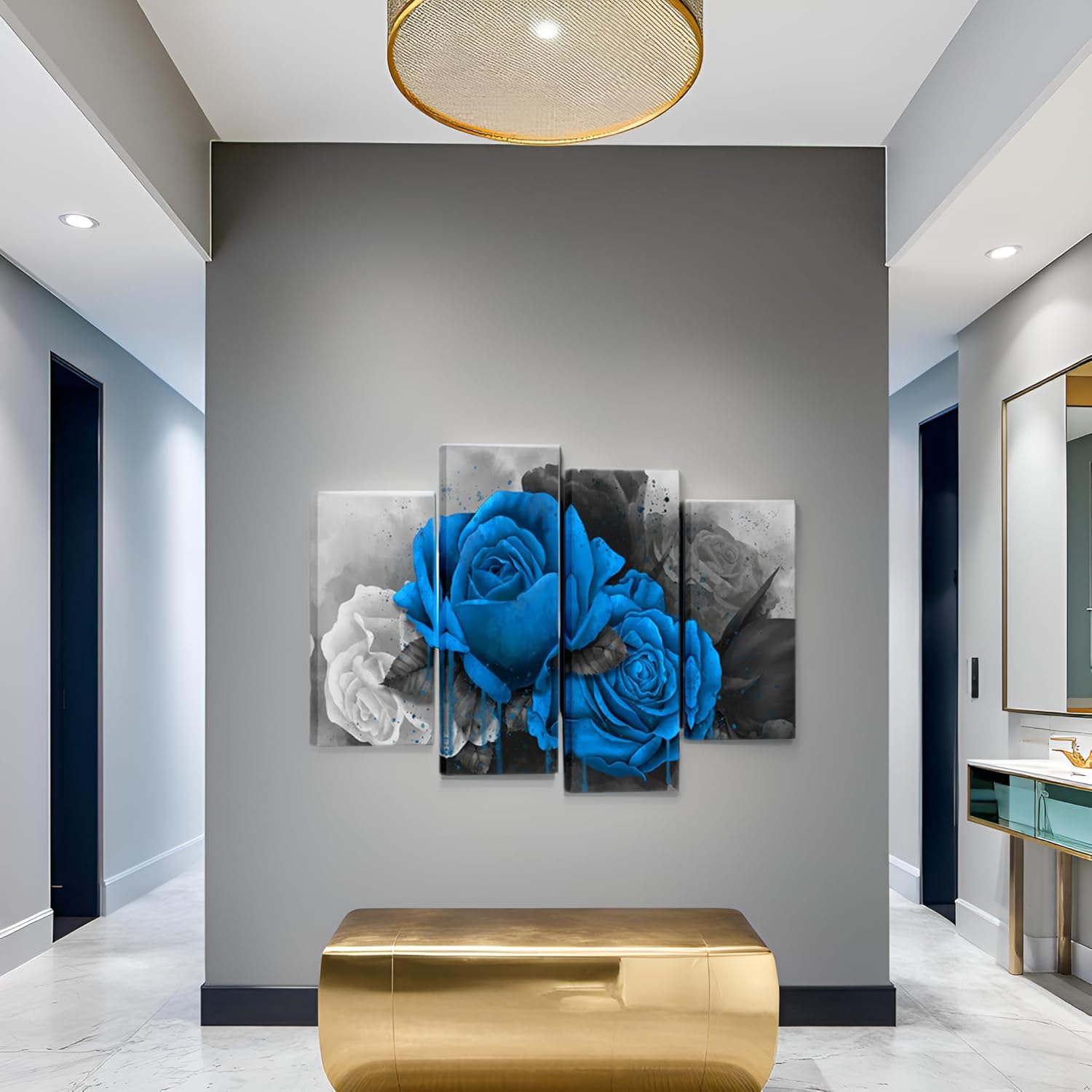 LevvArts 4 Piece Flower Canvas Wall Art Blue Rose Floral Painting Decor for Home Bedroom Kitchen Black and White Royal Blue Flower Canvas Prints Gallery Wrap Ready to Hang