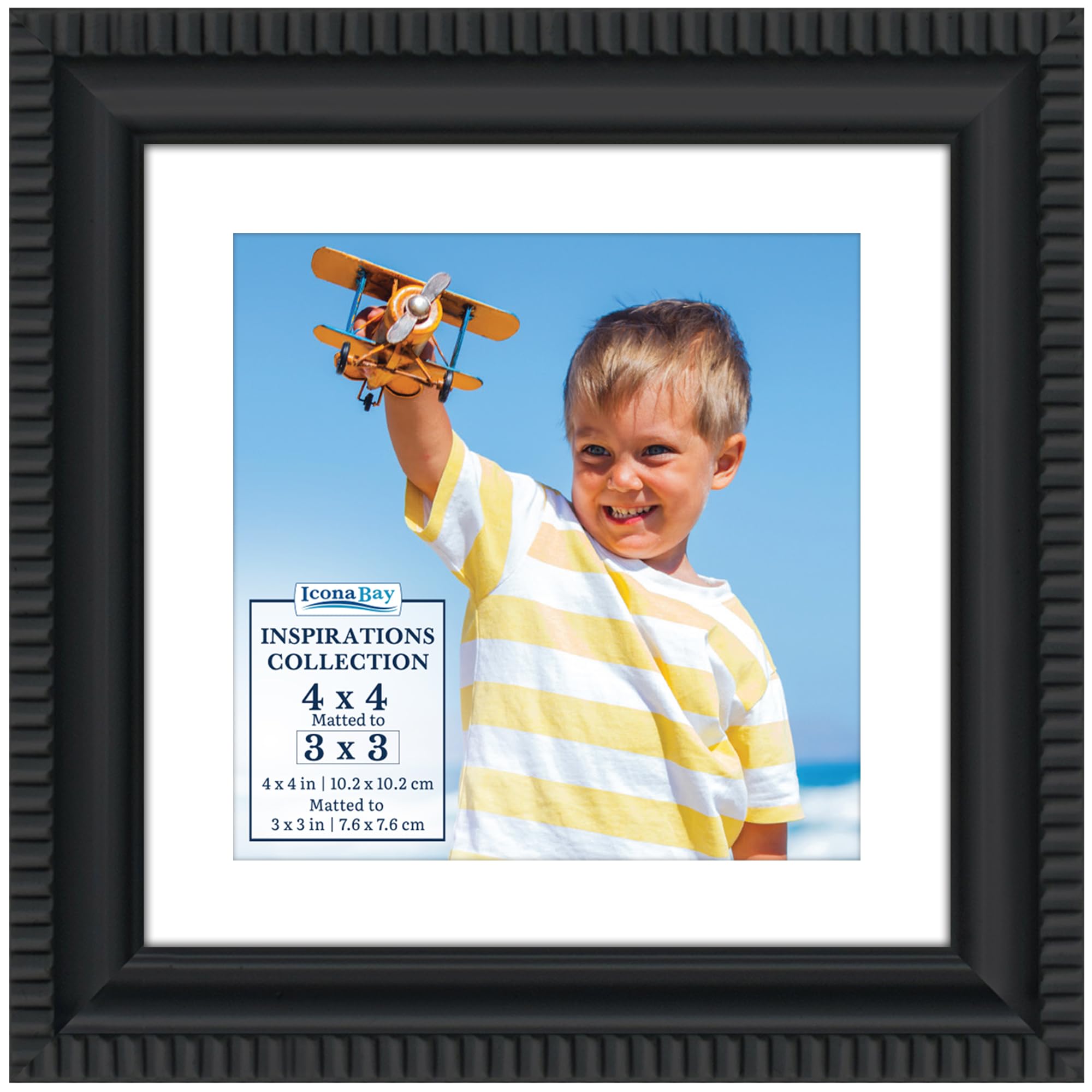 Icona Bay Picture Frame with Removable Mat for 3x3 inch Large Photos, Beautifully Detailed Shape, Modern Picture Frame, Wall Mount or Table Top, Inspiration Collection, Black