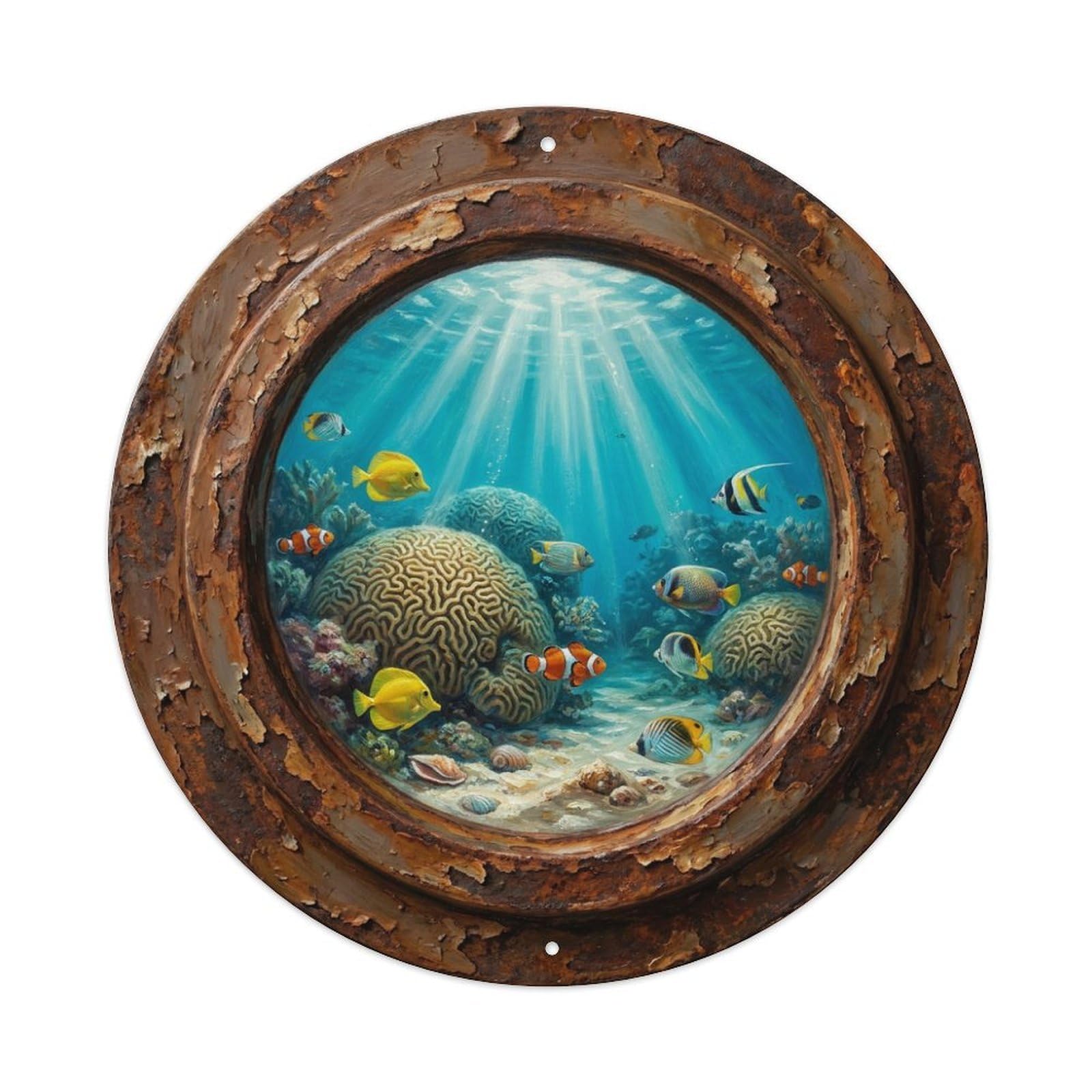 Vintage Porthole Brain Coral Maze Ship Window Undersea Deep Metal Tin Sign