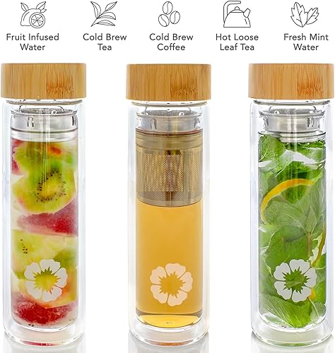 Miniatura 3 de Teabloom All-Beverage Tumbler – 15 oz / 450 ml – Tempered Glass Travel Bottle – Hot and Cold Tea Infuser – Cold-Brew Coffee – Fruit-Infused Water –