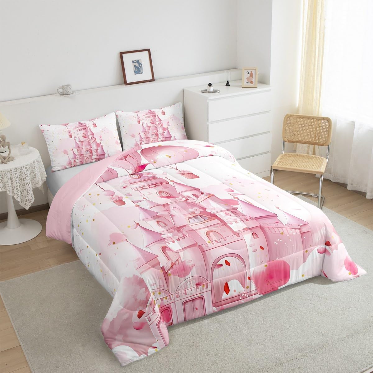 Feelyou Kids Pink Castle Comforter Set Full Size, Princess Bedding Set Boys Girls Fairy Tales Duvet Insert Teens Bedroom Decor 3Pcs