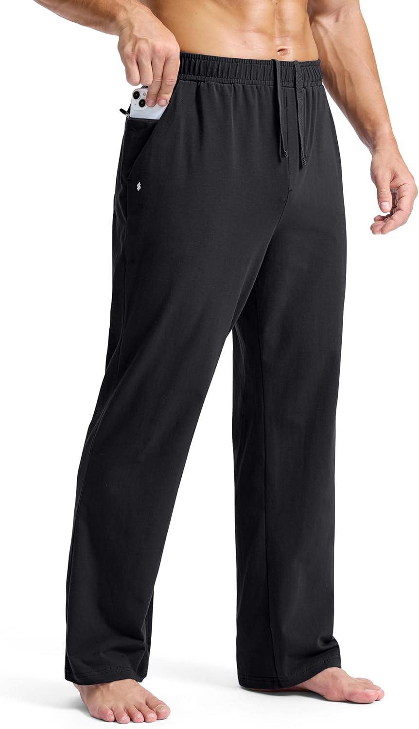 Soothfeel Men's Cotton Sweatpants with Zipper Pockets Open Bottom Yoga Pants Straight Leg Casual Athletic Lounge Sweat Pants