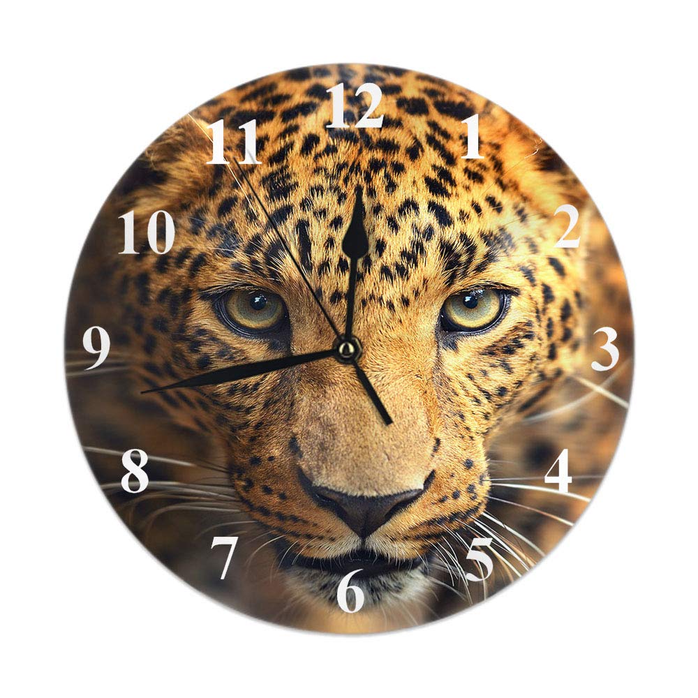 Hdadwy Tiger Clock Nature Wild Animal Safari Jungle Tigers Doodle Polka Dot Leopard Round Wall Clock 10 Inch Silent Non Ticking Hanging Clock for Home Decor Living Room Kitchen Bedroom Office Brown