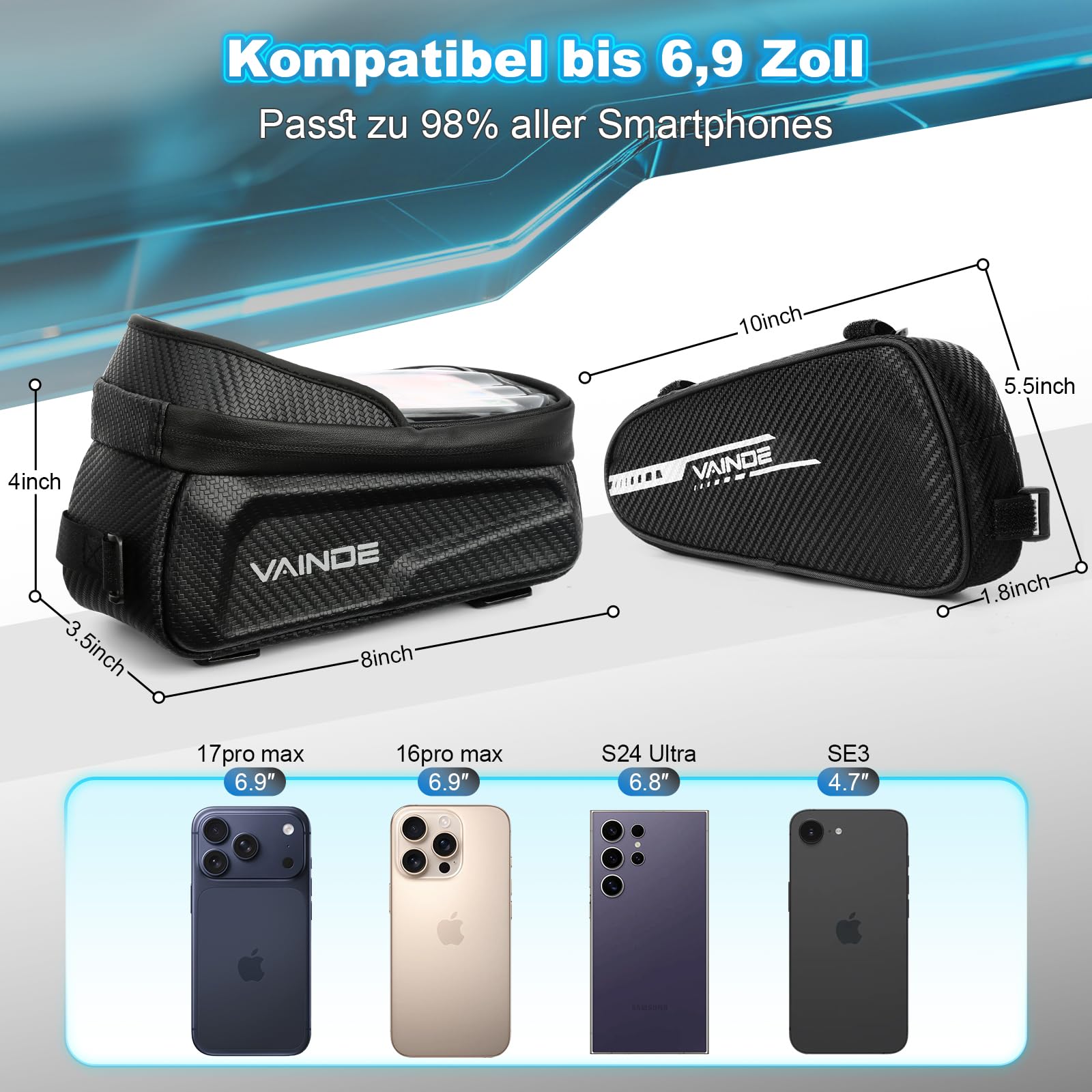 2er Set Fahrradtasche Rahmen, Rahmentasche Fahrrad, Lenkertasche Wasserabweisend Handytasche für Smartphone bis zu 6.8 Zoll mit TPU Sensitivem Touchscreen für Montainbikes, Rennrad, Ebikes.
