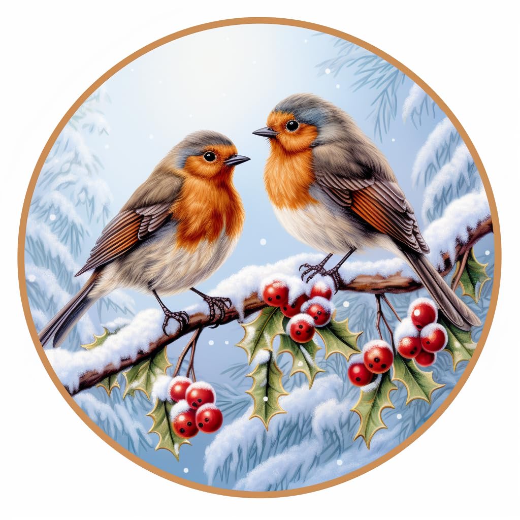 Winter Snow and Robin Birds Round Shape 11CT DIY Counted Cross Stitch Kits for Beginners Easy Stamped Fabric with Hoop Embroidery Needlecraft Art Wall Decor 12x12inch(3)