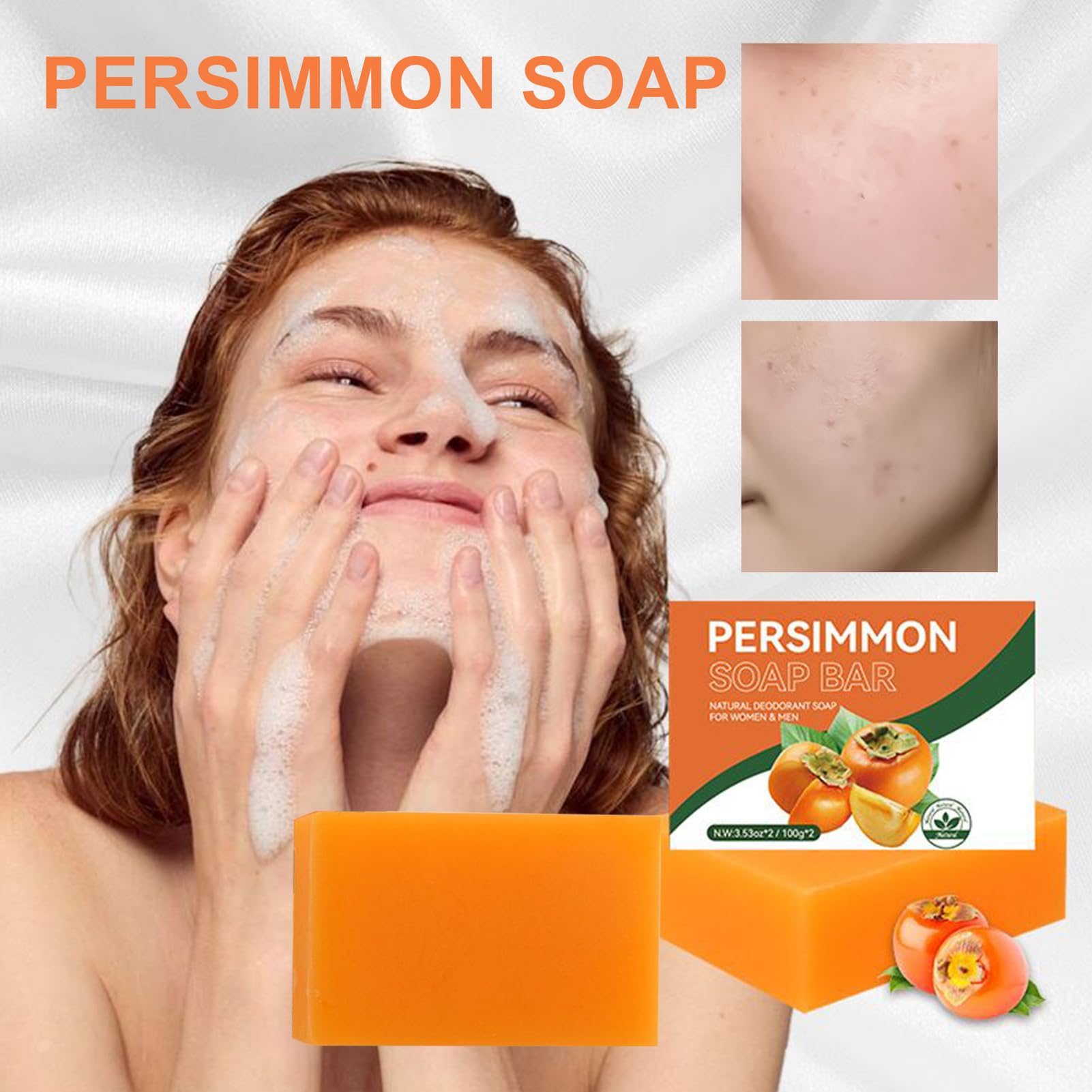 Naturalne mydło persimmon 2 x 100 g, rozjaśniające skórę mydło do mycia ciała z naturalnym neutralizującym zapachy, dla kobiet i mężczyzn, delikatne czyszczenie