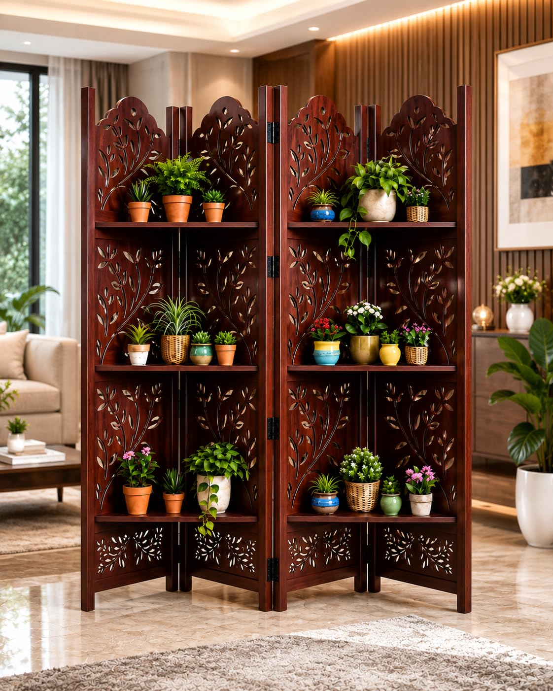 Wooden Room Partition Leaf Pattern Room Divider for Bedroom, House, Living Room,Office, Kitchen, Restaurant, Pooja Room Square Design 6 Feet 4 Panel Brown with Shelves-image-34
