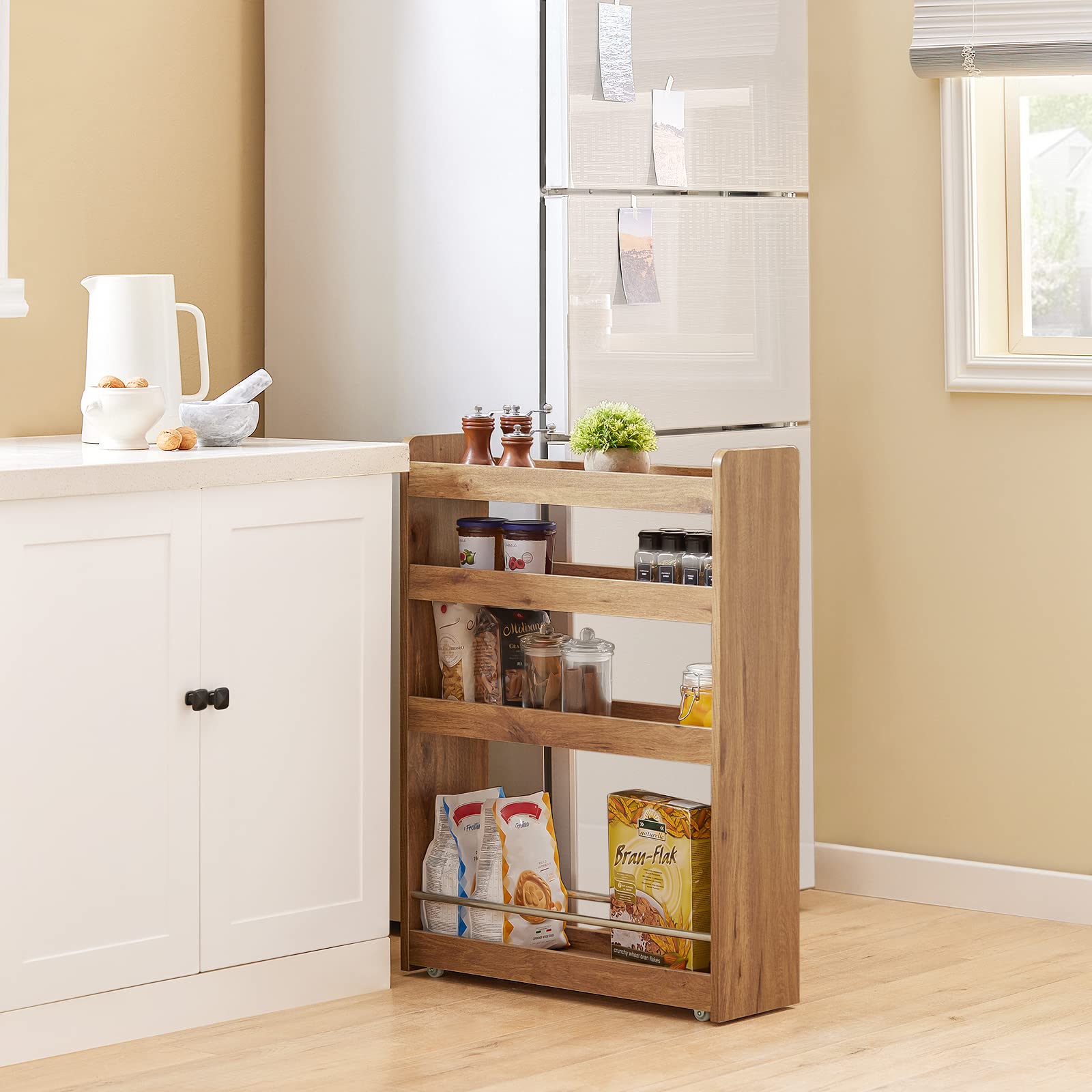 SoBuy Carro Auxiliar con Ruedas para Cocina y Baño, 4 Niveles, 60x81x18,5cm | Estante Salvaspacio de 4 Niveles con ruedas & barra anticaída, carga 5 kg/nivel, PB, cocina & baño & dormitorio, NSR01-PF