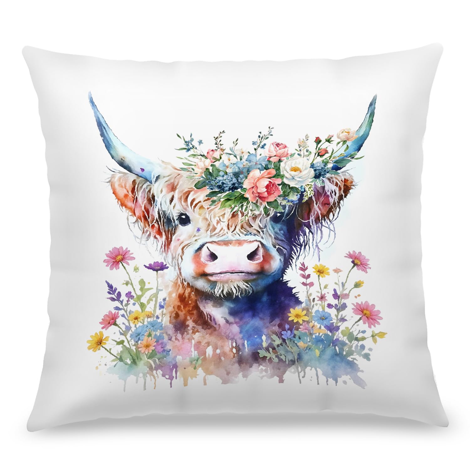 JOQUXI Floral Highland Cow Pillow Covers 18x18 Farmhouse Home Decor Rustic Country Colorful Flower Cow Decorative Throw Pillow
