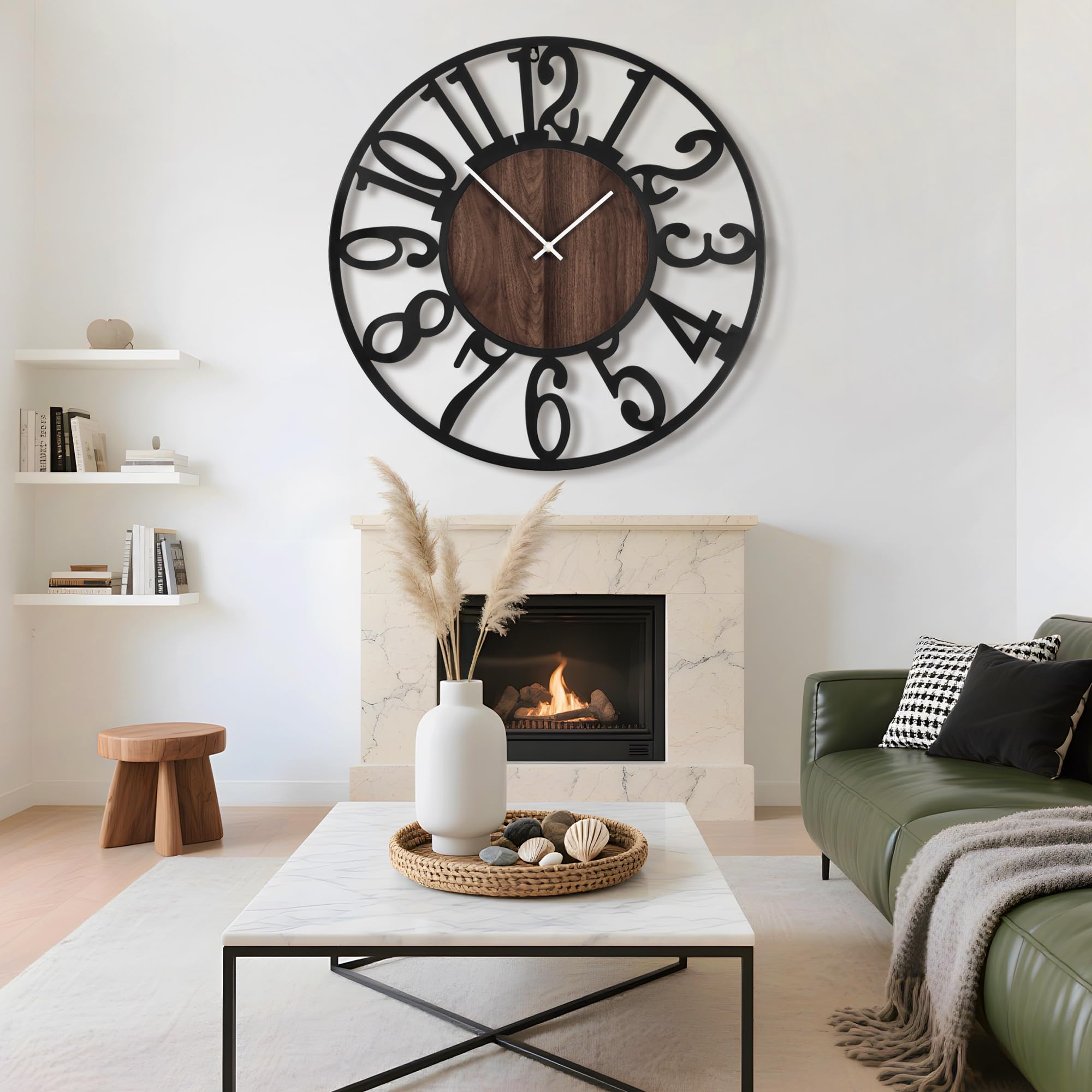 100cm Wanduhr, Leise Vintage Metall Uhr mit Holz-Zifferblatt, Batterie XXL Wanduhr im Landhausstil für Wohnzimmer, Schlafzimmer, Küche, Büro, Wanddeko