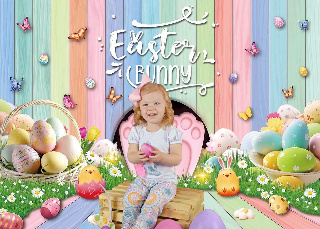 Easter Bunny Backdrop Colourful Wood Eggs Rabbit Butterfly Floral Spring Photography Background Adult Kids Baby Shower Birthday Party Decoration Easter Banner Photo Props (7x5FT)