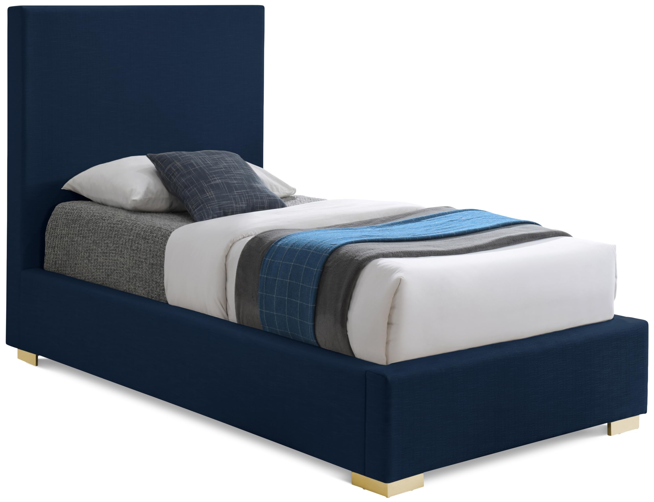 Meridian Furniture CrosbyNavy-T Crosby Collection Mid-Century Modern Linen Fabric Twin Bed Rich Navy Linen Textured Fabric, Gold and Chrome Legs