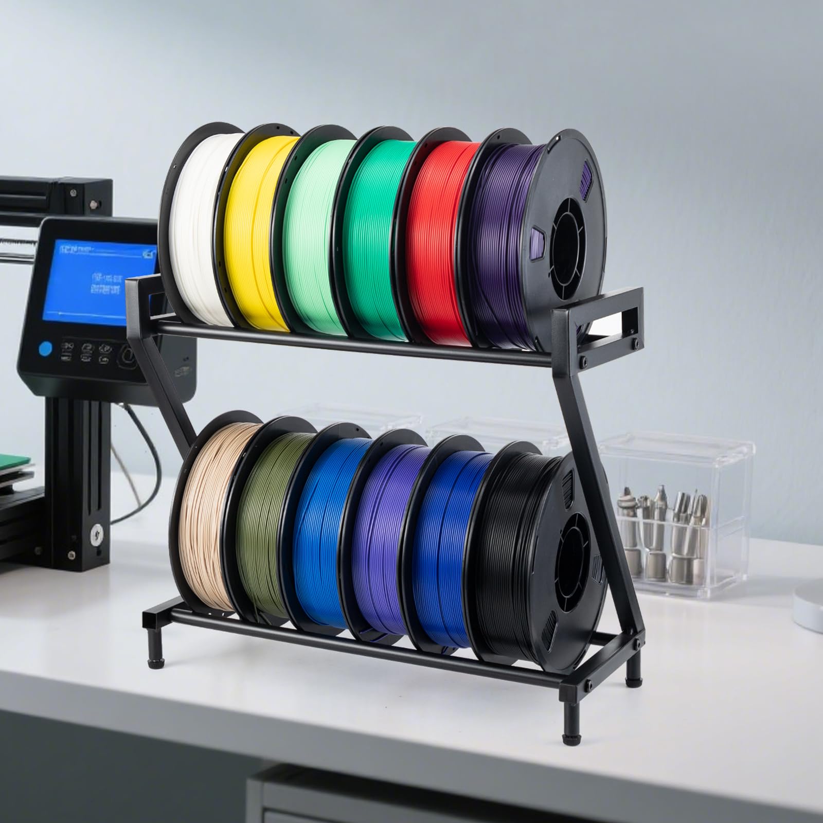 Z-shaped 2 Tiers 3D Printer Filament Storage Rack Desktop,3D Printer Filament Holder,Metal Filament Rack Suitable for PLA/ABS/TPU Filaments,Holds Up to 12 Spools,Ideal for Home,Office,Studio-image-35