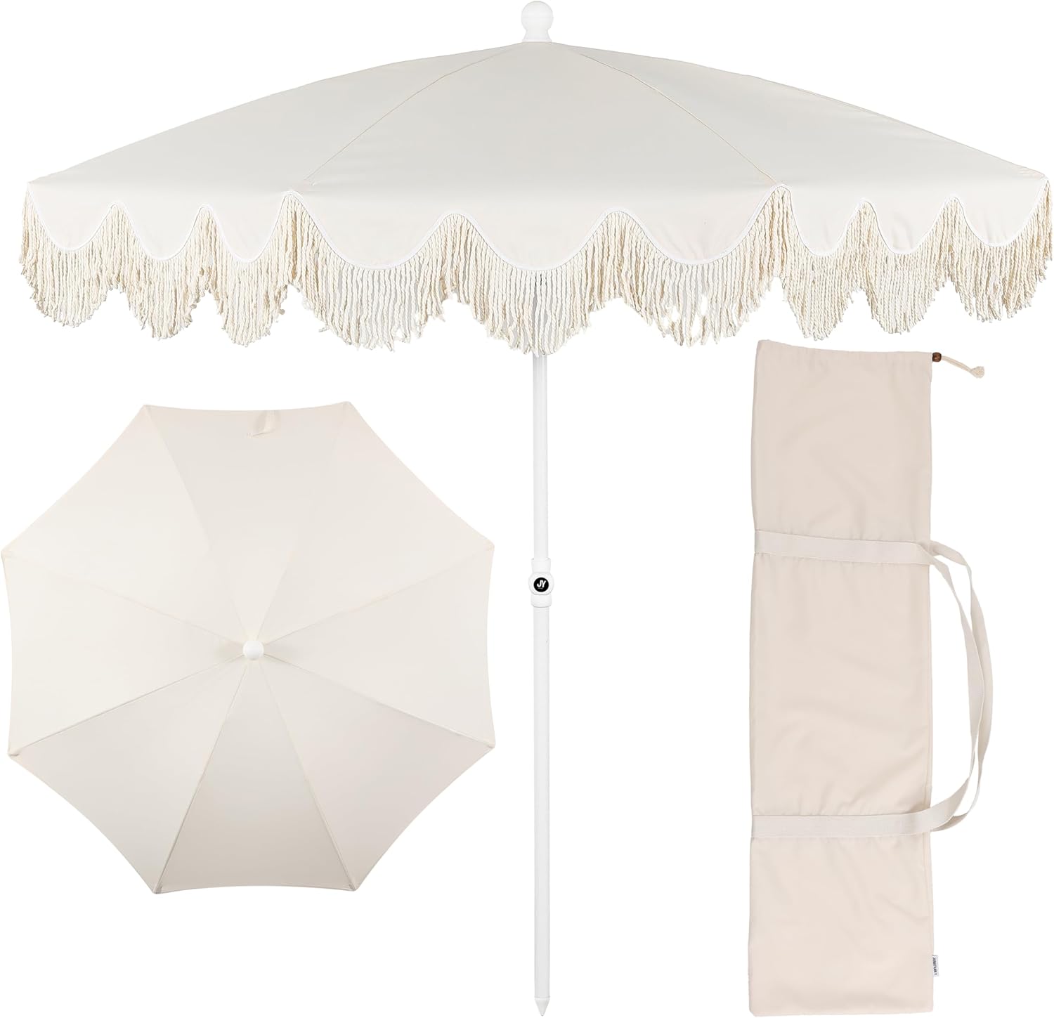 JONATHAN Y UMB1005E Mariner 6.5 ft. Classic Cottage Fringe Tassel Market Beach Umbrella with Push Button Tilt, Wind Vent and UV Protection, and Matching Carry Bag in Cream, White Pole