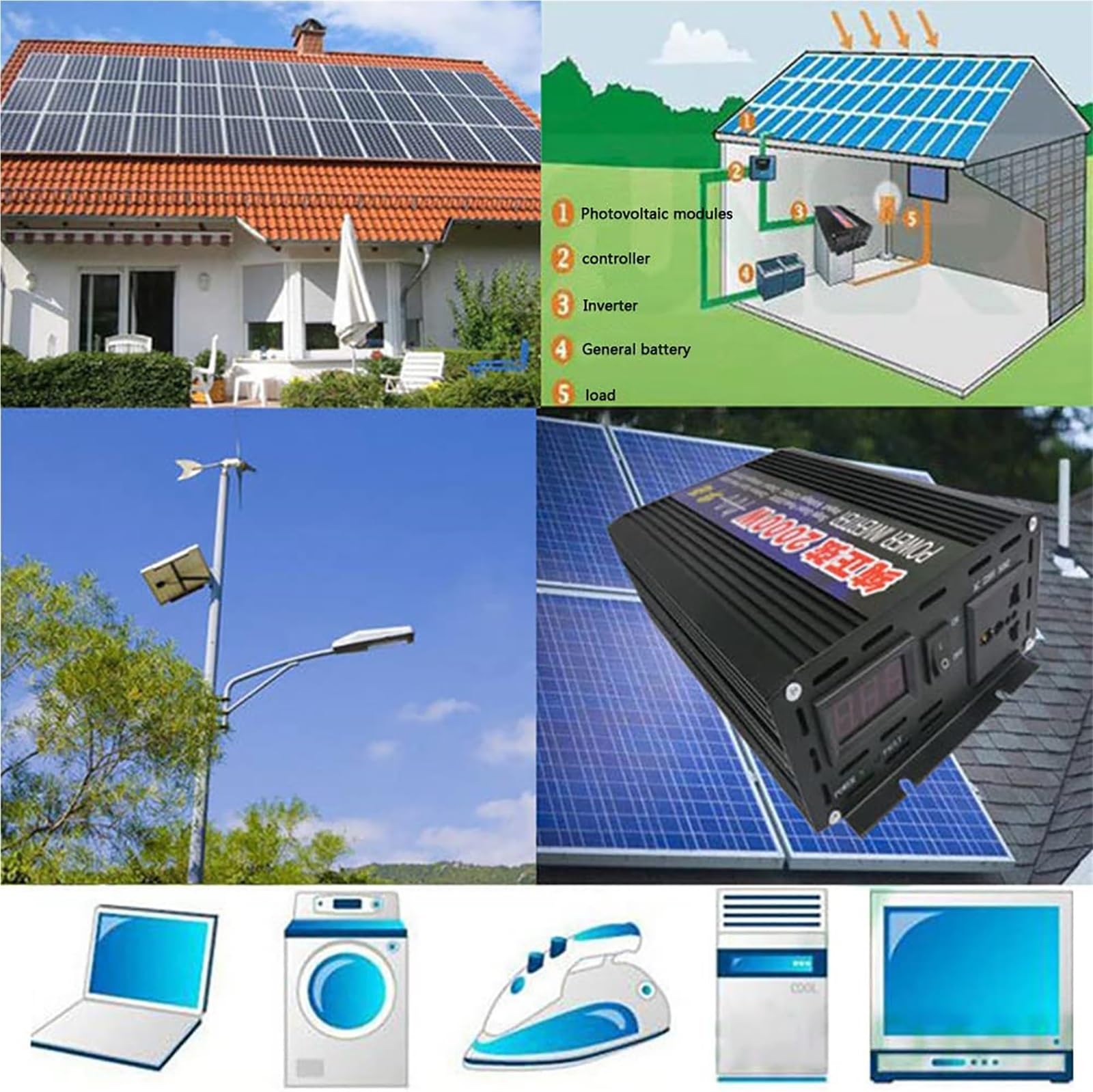 Inversor de Onda sinusoidal Pura 1000W 1600W 2000W 3000W 4000W 5000W 6000W 8000W 12V 24V 48V 60V 72V a 110V/220V/230V Transformador Corriente, Onda Inversor de Corriente camion(1000W,48Vto110V)