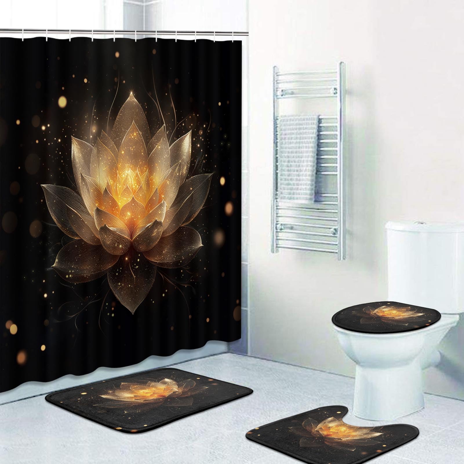 Rideau de douche lotus doré haut de gamme avec tapis antidérapant