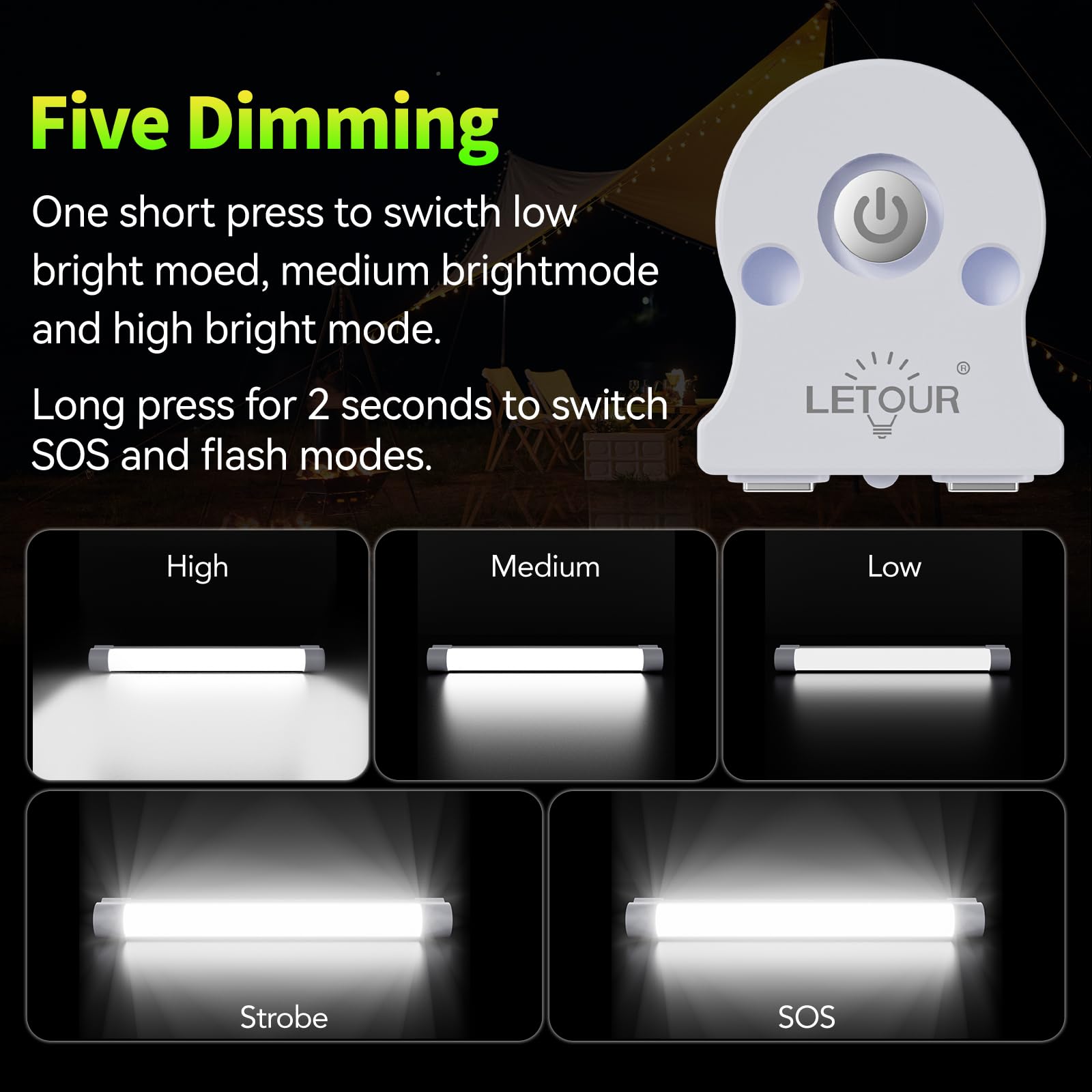 LETOUR Aimants Tube LED Lumière Feux de travail 120 W 8000lumens 5 niveaux d'intensité Lanterne de camping lumières USB Portable rechargeable avec 4 aimants Endurance pour 40 heures
