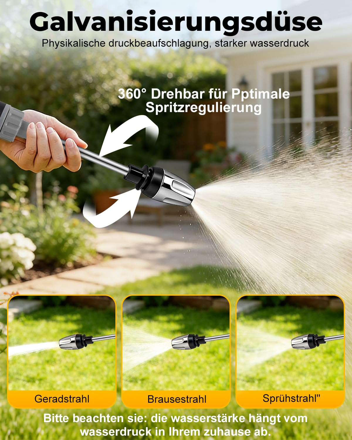 Power Jet Hochdruckpistole Gartenschlauch, Hochdruckdüse für Gartenschlauch für Auto, Terrasse & Gartenreinigung Mit 3 Verstellbaren Sprühmustern, Hinweis: Wasserdruck Abhängig vom Hauswasseranschluss