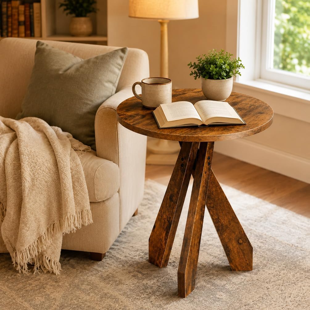 17.7" Farmhouse Round Side Table with Tripod Legs, Rustic Brown