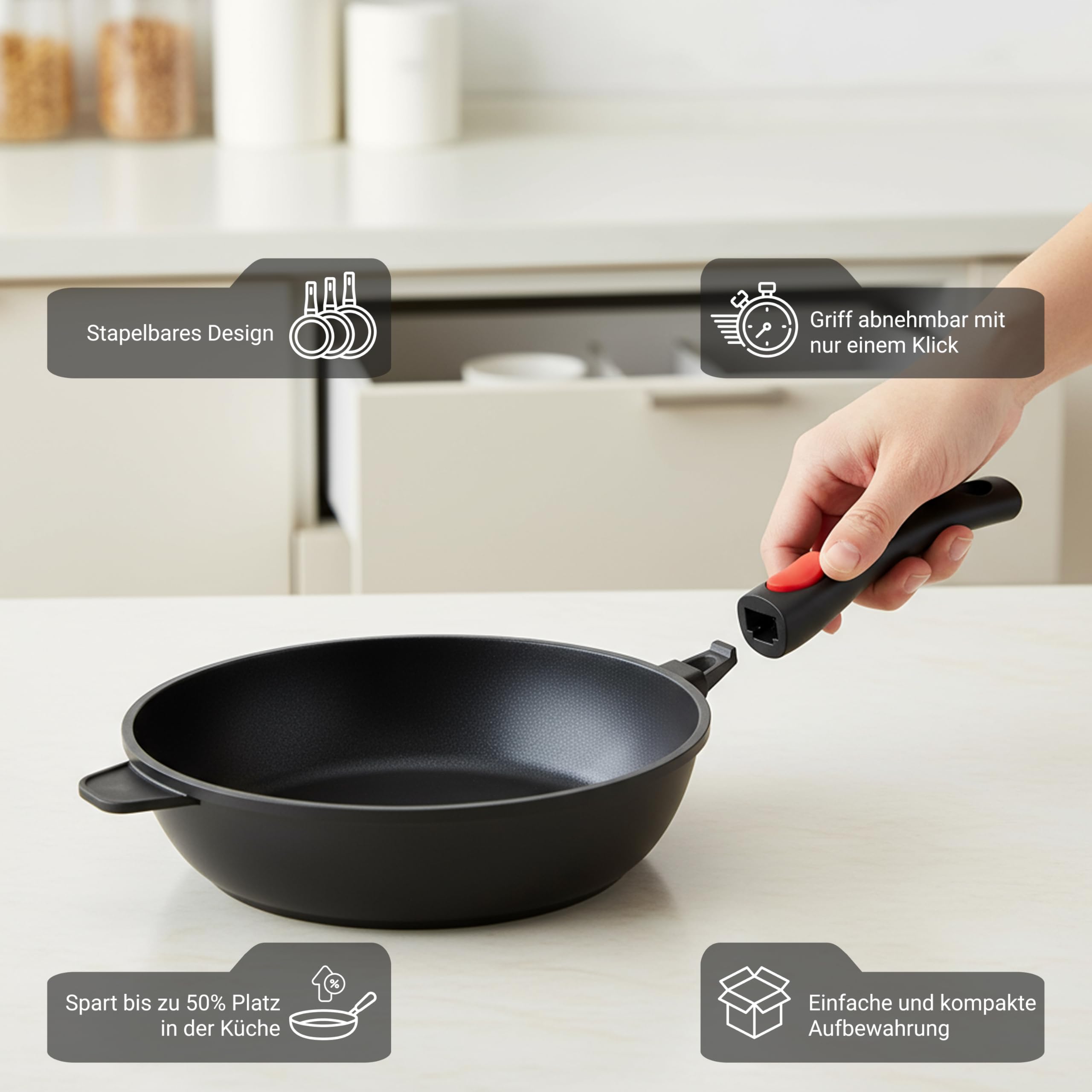 BIOL Schmorpfanne 28 cm mit Glasdeckel & hohem Rand – Antihaft Pfanne Induktion aus Aluminium, PFOA-frei, abnehmbarer Griff, für Braten & Schmoren