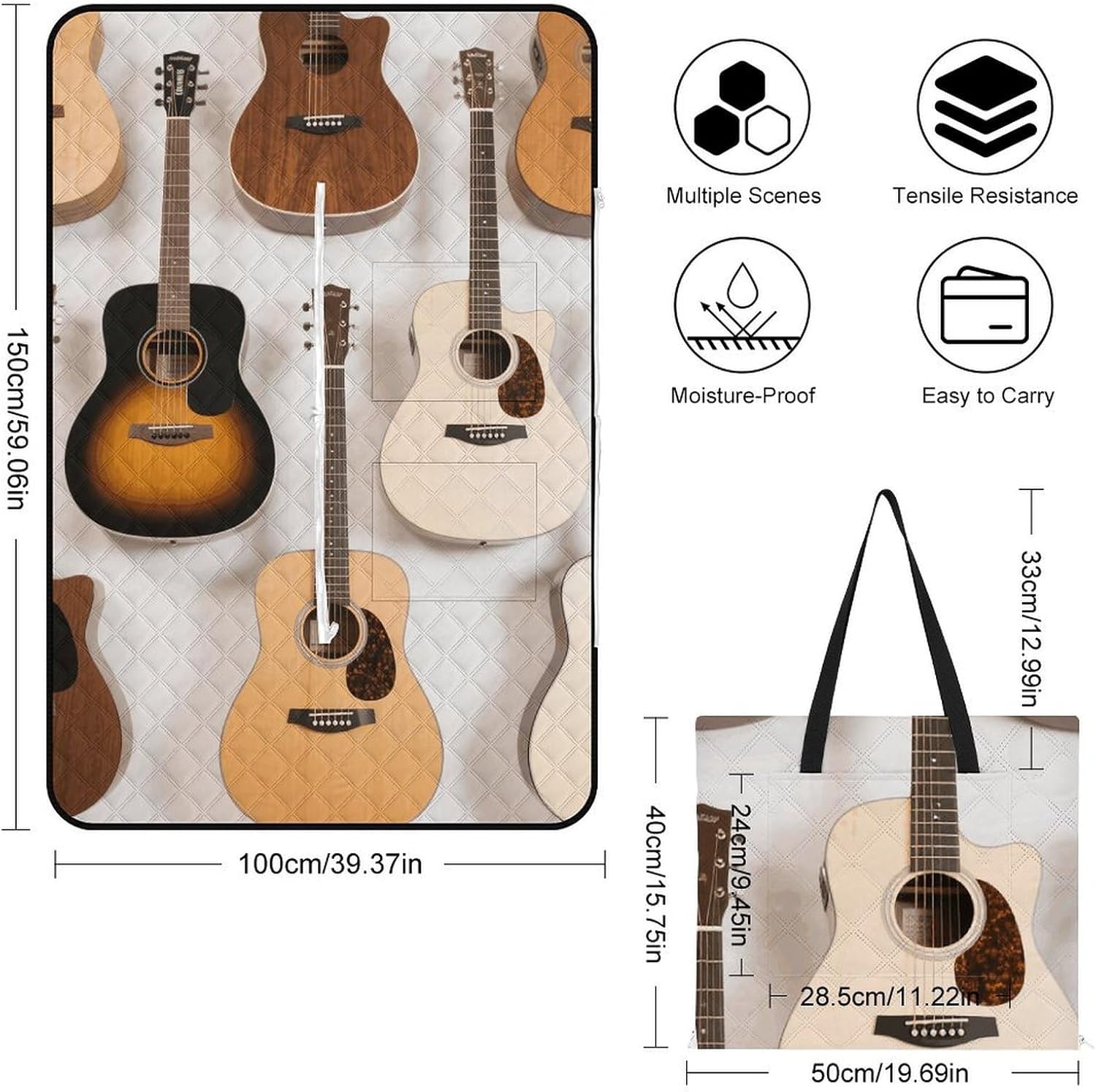 Guitars Picnic Blanket 150x100cm, Foldable 2-in-1 Picnic Mat and Tote Bag Portable Waterproof Beach Mat Sandproof Outdoor Blanket for Park, Hiking, Beach, Camping, Travel