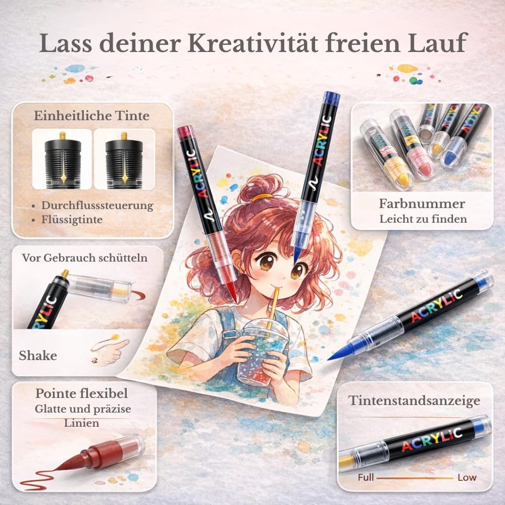 Faizer ® Acryl-Filzstifte, Acrylstifte mit Pinselspitze, zum Ausmalen von Erwachsenen, Acrylfarben zum Ausmalen, für schöne Kunst, Kalligraphie, Holz, Leinwand, Glas, Keramik