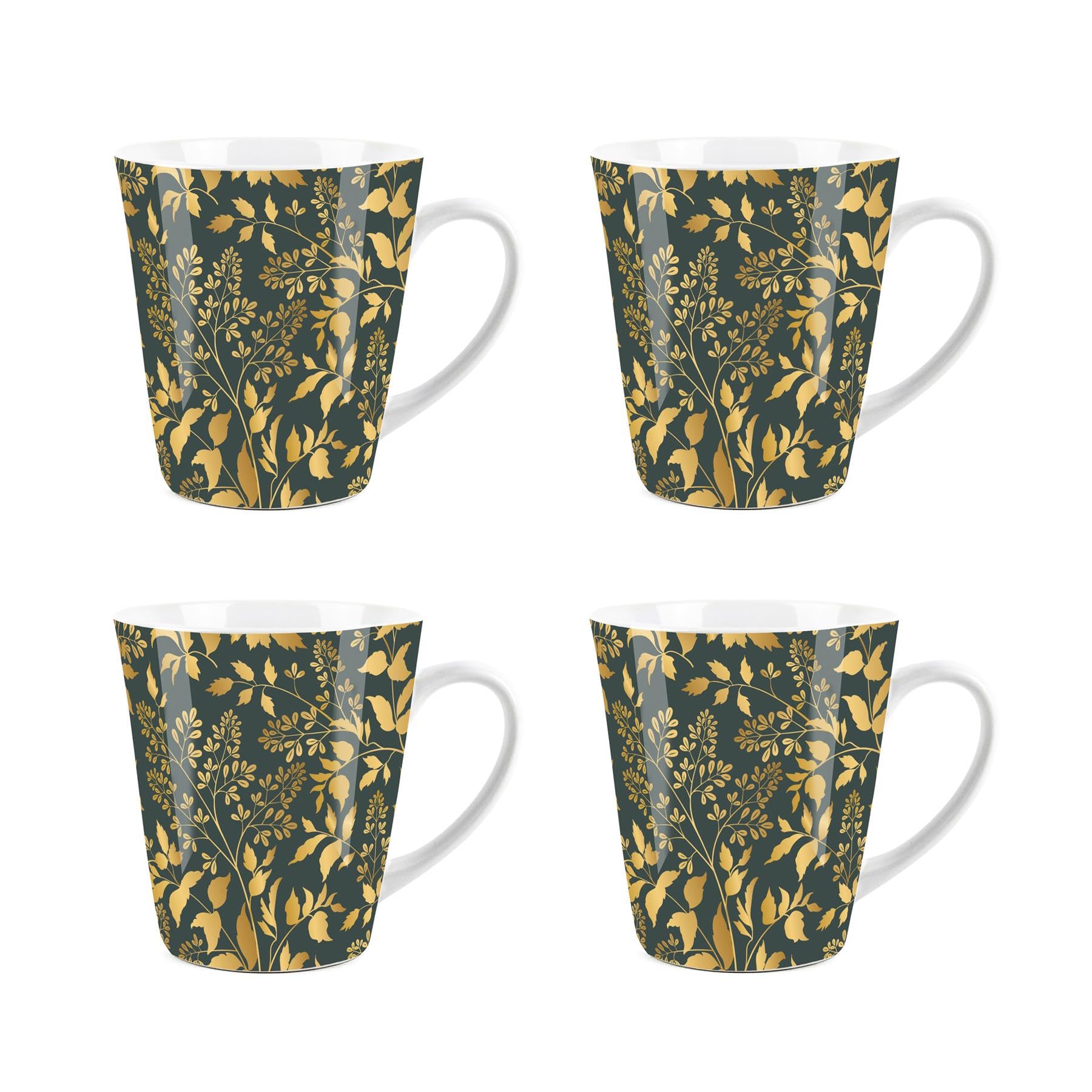 Purely Home Gold & Green Foliage Small Latte Mugs Set - Ceramic White Tea/Coffee Present Gift Set of 4 — image 1